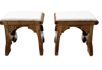 Arts & Crafts Hand-Carved Oak Stools with Boucle Upholstery, 1900s